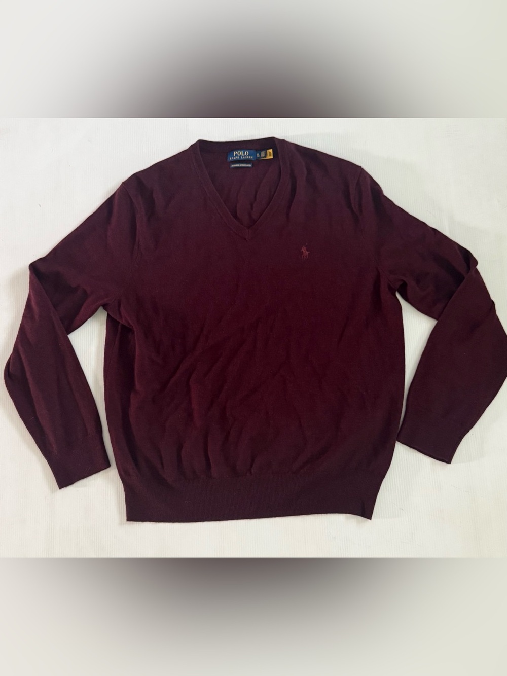 Polo Ralph Lauren Mens XL Burgundy Merino  Wool V-Neck Sweater  Pony Logo